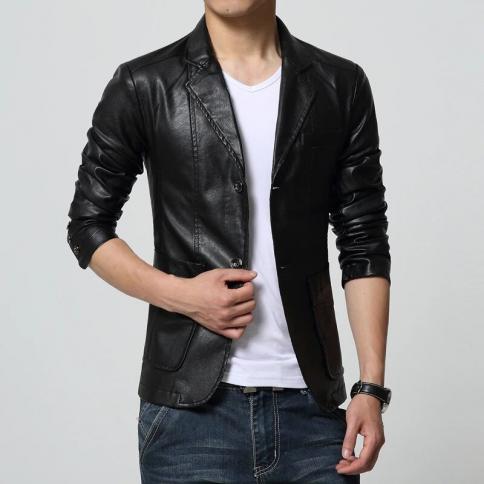 Men's Casual Boutique Suit Leather Jacket / Male Solid Color 2023 Fashion New Business Collar Pu Blazers Long Sleeve Dre
