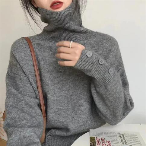 Design Sense Breasted Pile Neck Loose Pullover Sweater Women's New Autumn Winter Thick Warm Pullover Sweater