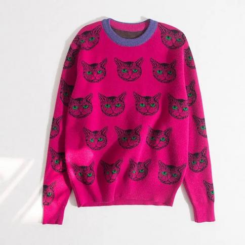 Sweaters For Women 2023 Autumn Winter Sweater Jacquard Cute Cat Crew Neck Pullover Sweater Woman