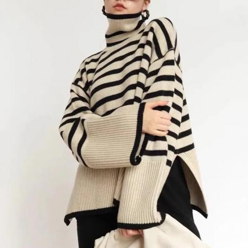 Striped Turtleneck Sweater 2023 New Spring Autumn Loose Knit Jumper Women Sweater Luxury Lady Wool Sweater With Dropped 