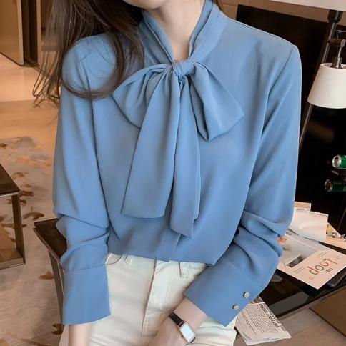 New Spring Autumn Simple Office Lady Blouse Female Shirt Bow Tops Long Sleeve Casual  Ol Style Loose Blouses Women