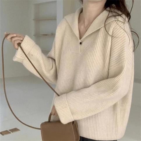 Sweater Loose Casual Zippers Knitted Sweater Solid Oversized Women Autumn Winter Turn Down Collar Fashion Tops 2023 Wome