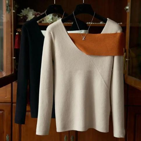 Asymmetrical Design Color Contrast Strap Strap Knit Basic Sweater Women Pullover Jumper