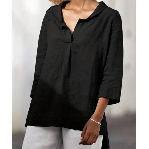Cotton And Linen Casual Lapel Half Sleeve Basic Solid Color Long Sleeve Blouse Women 2024 Blusas Mujer