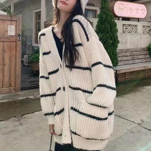 Sweaters For Women Long Sleeve Sweater Female Autumn Winter 2023 New Gentle Striped Loose V Neck Knitted Cardigan Coat 