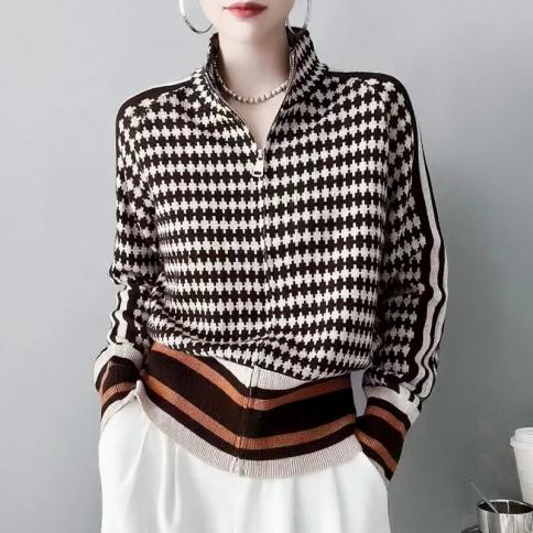 Women Turtleneck Sweater Warm Pullover Commuter Elegant Top Loose Casual Women's Top Retro Contrast Color Cardigan 2023 