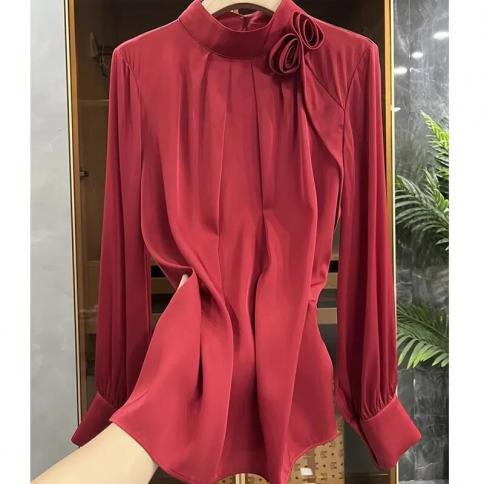 Shirts Commuter Rose Stand Collar Long Sleeve Shirt Women Tops Fashion Red