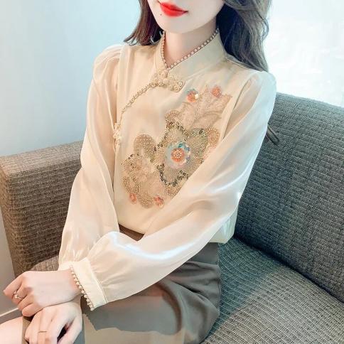 2023 Autumn Blusas Office Blouses Embroidery Beads Vintage Tops Chiffon Blouse Women Loose Long Sleeve Casual Shirts