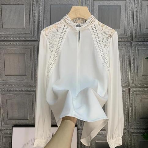 Fashion Woman Blouse 2023 Autumn French Solid Color Loose Hollow Out Lace Splicing Top Standing Collar