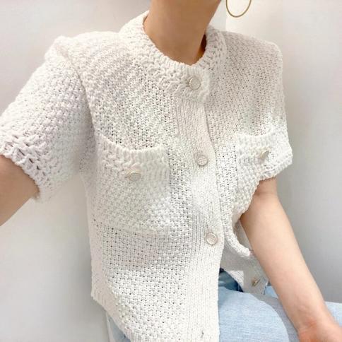 Chic Simple Round Neck Single Breasted Design Sense Loose Solid Color Casual Short Sleeve Knitwear T Shirt Women