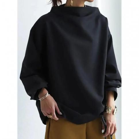 Spring Female Tops Fashion Casual Solid Color High Neck Long Sleeves Cotton Black Shirts For Women 2024
