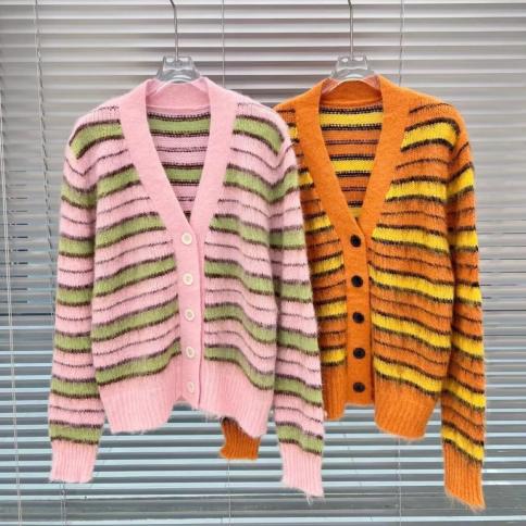 Striped Mohair Sweater Women's Cardigan Coat Loose V Neck Long Sleeve Sweater Jumper