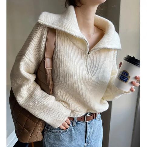Women Sweaters 2023 Loose Zipper Design Pullovers Casual Solid Turtleneck Pink Knitted Winter Women's Sweater Fashion