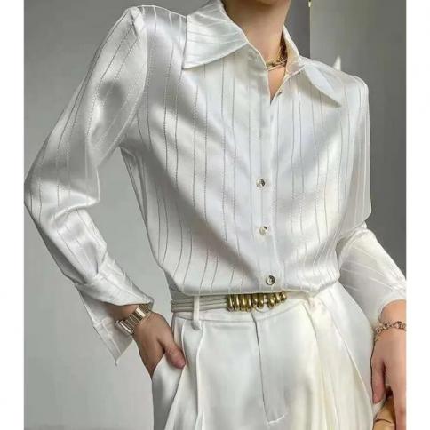 Simple Spring Autumn Satin Imitated Acetic Acid Shirt Women Design Small Casual Blouse Striped Long Sleeve Shirt