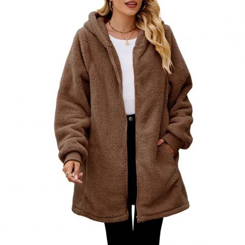 2023 Winter New Loose Plush Women Long Sleeve Hooded Zipper Cardigan Coat Winter Clothes
