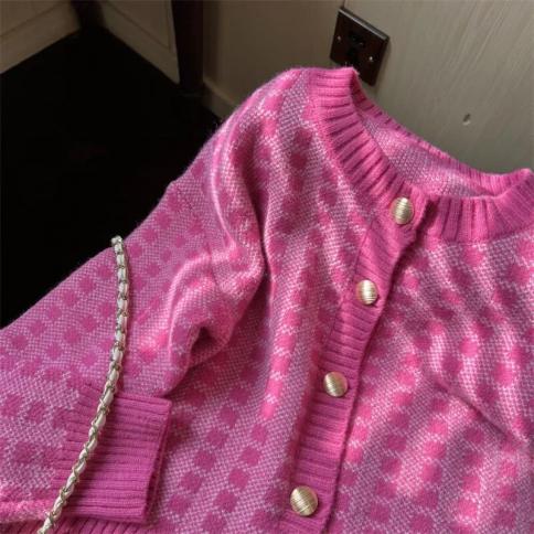 Pink Cardigan Plaid Soft Sweater Female 2023 Spring New  Gentle Short Knitted Cardigan Coat Women