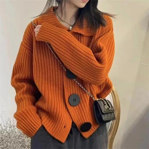 Sweaters For Women New V Neck Long Sleeve Loose  Of Fashion Casual Big Button Lapel Knitted Cardigan Sweater