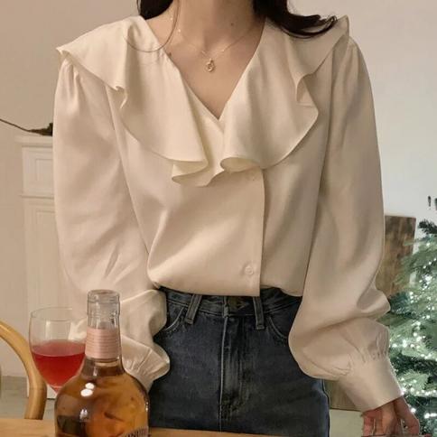  Chic Spring French Temperament Flanged V Neck Loose Chic Single Breasted Lantern Sleeve Shirt Blouse Woman