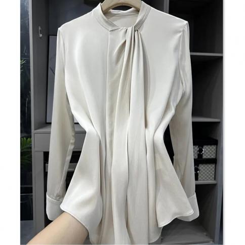 Stand Collar Small Streamers Imitation Silk Long Sleeve Shirt Womens Tops Camisas De Mujer  Women Shirt