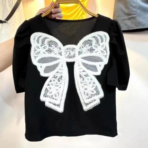 2023 Summer New Lace Bow Bubble Sleeve Top Slim Top Women T Shirt Y2k