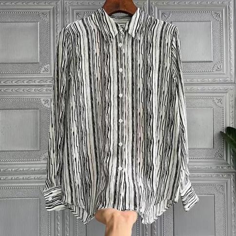Striped Long Sleeve Shirt Women Summer 2023 New Temperament Shirt Polo Neck Top Camisas De Mujer
