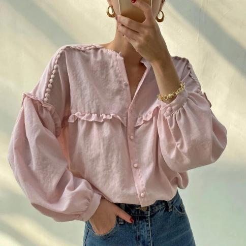  Chic Sweet Pink Tender White Round Neck Single Breasted Fold Splicing Wooden Ear Edge Loose Long Sleeve Shirt Women