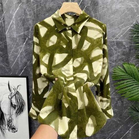 Geometric Stripe Vintage Green Oil Painting Floral Long Sleeve Shirt Top Women