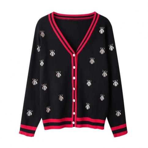 Fashion Designer Bee Embroidery Cardigan High Quality Long Sleeve Single Breasted Contrast Color Button Knitted Sweaters