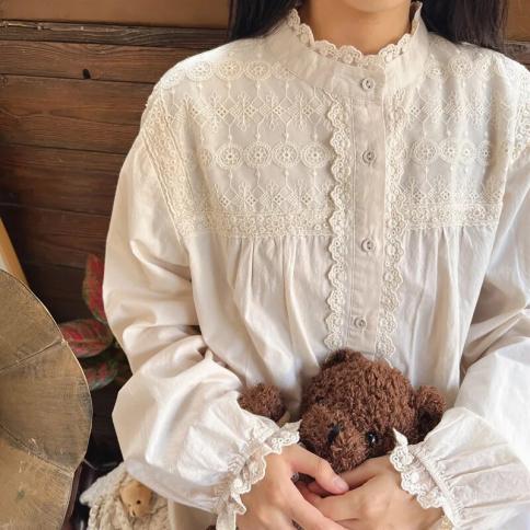 Gentle Literary Retro Lace Stitching Shirt Stand Up Collar Lantern Sleeve Top Women Camisas De Mujer