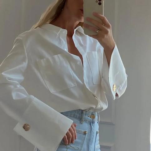 Fashion Woman Blouses 2023 Elegant Lapel Long Sleeve Shirts Casual Loose White Pockets Tops Female Clothing Office Lady