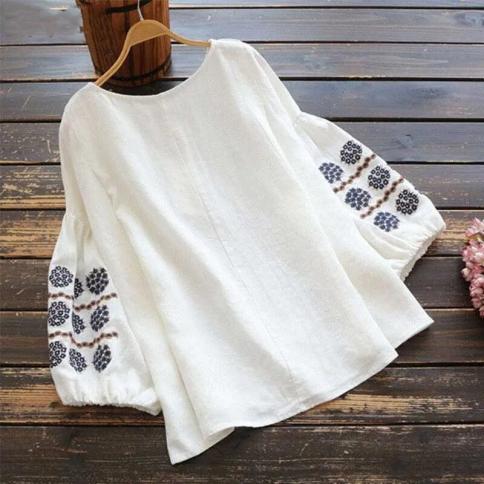 Fashion Woman Blouse 2023 Autumn New Elegant Embroidered Lantern Sleeve Loose Casual Shirt Women's Floral Crew Neck Top