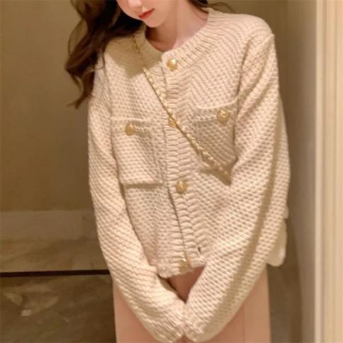 Knitted Cardigan Vintage Gold Buttons Sweater Women Autumn Winter Luxury Short Straight Coat Knitwear Green Red French Y