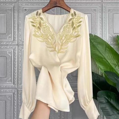 Blusa Mujer Moda 2023 Spring Autumn New Fashion Hollow Embroidery V Neck Long Sleeve Shirt Blouse Woman Y2k