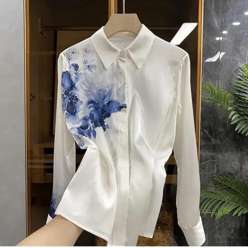 Imitation Silk Ink Painting Positioning Mulberry Silk Shirt Top Women Shirts  Fashion Tops Mujer Camisas Mujer