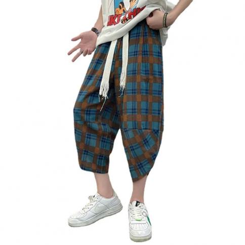 Pantaloni corti da uomo in cotone e lino, scozzesi, casual, a gamba larga, con coulisse, vita elastica al polpaccio, pantaloni c