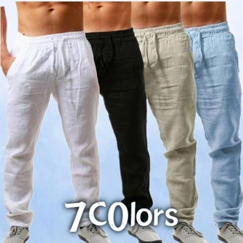מכנסי טרנינג לגברים חדשים מכנסי כותנה פשתן לגברים פשתן בצבע אחיד מכנסיים צבע אחיד נושמים כושר בגדי רחוב ג'וגה