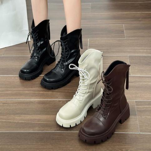 Autumn Ankle Boots Women Shoes Fashion Lace Up Thick Bottom Shoes Ladies Street Black Platform Round Toe Motorcycle Boot