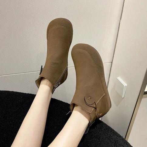 2024 High Quality Ankle Boots Winter Solid Color British Classic Boots Zipper Round Head Casual Pu Flat Bottom Women's B