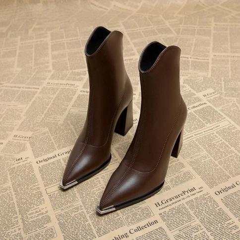 2024 Hot Selling New Pointed Women's Ankle Boots Fashion Back Zipper Short Botas Elegant Pu High Heels Winter Women's Sh
