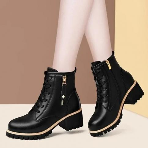 Shoes For Women 2024 Hot Sale Basic Lace Up/on High Heels Autumn High Quality Classics Concise Round Toe Pu Women's Boot