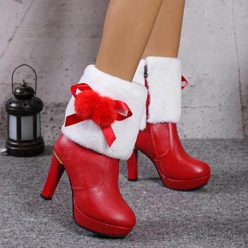 Shoes For Women 2024 New Zip High Heels Winter Warm New Style Elegant Thin Heels Round Toe Solid Color Oversized Women's