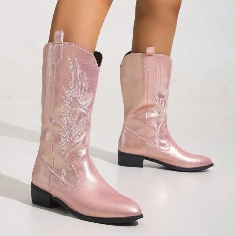 Pink Pu Leather Women's Western Boots Embroidered Pointed Mid Sleeve Boots Women's Plus Size 43 Sleeves Fashion Women's 