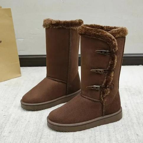 2024 Hot Selling Suede Mid Calf Snow Boots For Women's Anti Slip Round Toe Low Heel Solid Winter Cover Wearing Women's B