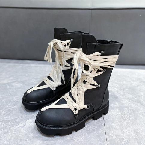 2023 Women's Motorcycle Black Leather Boots Winter Women's Boots Lace Up Zipper Opening Couples Sheos Boots Bind The Des