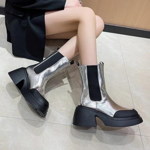 Woman Chelsea Boots Soft Sole Wedges Ladies Ankle Boots Square Heel Female Fashion Color Round Head Booties Platform Sho