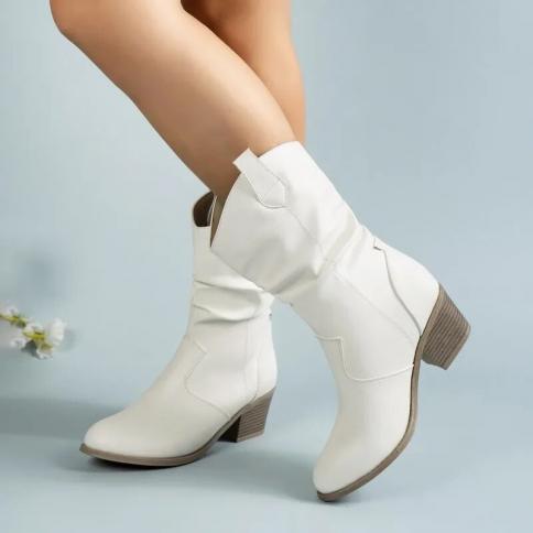 2023 Hot Selling Women's Shoes Square Heel Solid Color Women's Boots Versatile Simple Mid Length Boots Pointed Pu Single