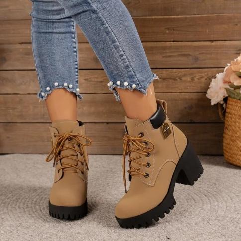 Winter Boots New Round Head Lace Up Women's Boots  Ankle Heel Fashion Casual Classic Solid Size Women's Boots