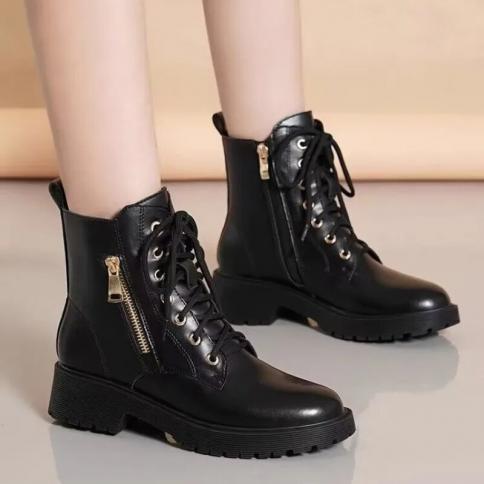 Shoes For Women 2023 Fashion Platform Boots Round Toe Lace Up Square Heel Leather Winter Side Zipper Ankle Boots Platfor