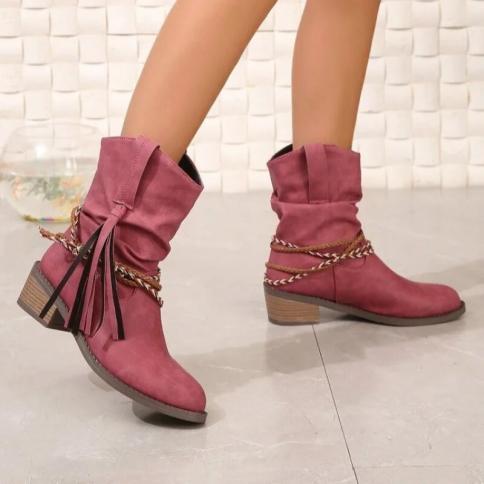 2024 Spring And Autumn New Round Head Leather Fashion Women's Large Medium Sleeve Solid Color Women Boots Zapatillas De 