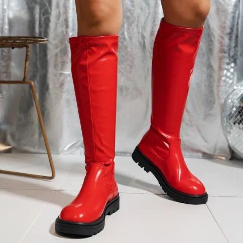 New Women's Shoes Winter Knee Length Pu  Women Boots Women's Anti Slip Round Head New Trendy Red Versatile Botas Sweatsh